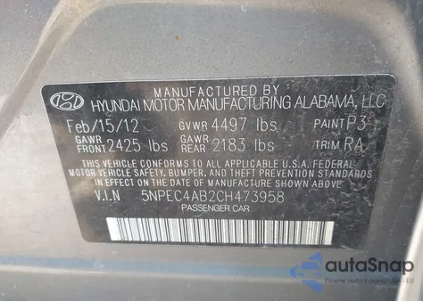 2012 Hyundai Sonata Se 2.0T z USA, uszkodzony, nr VIN 5NPEC4AB2CH473958